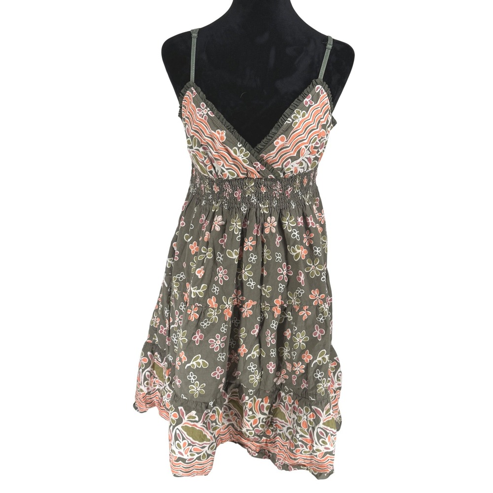 Vtg 90s Y2K Nolita Babydoll Floral Mini Dress Small Green Fairy‎ Ruffle Smocked